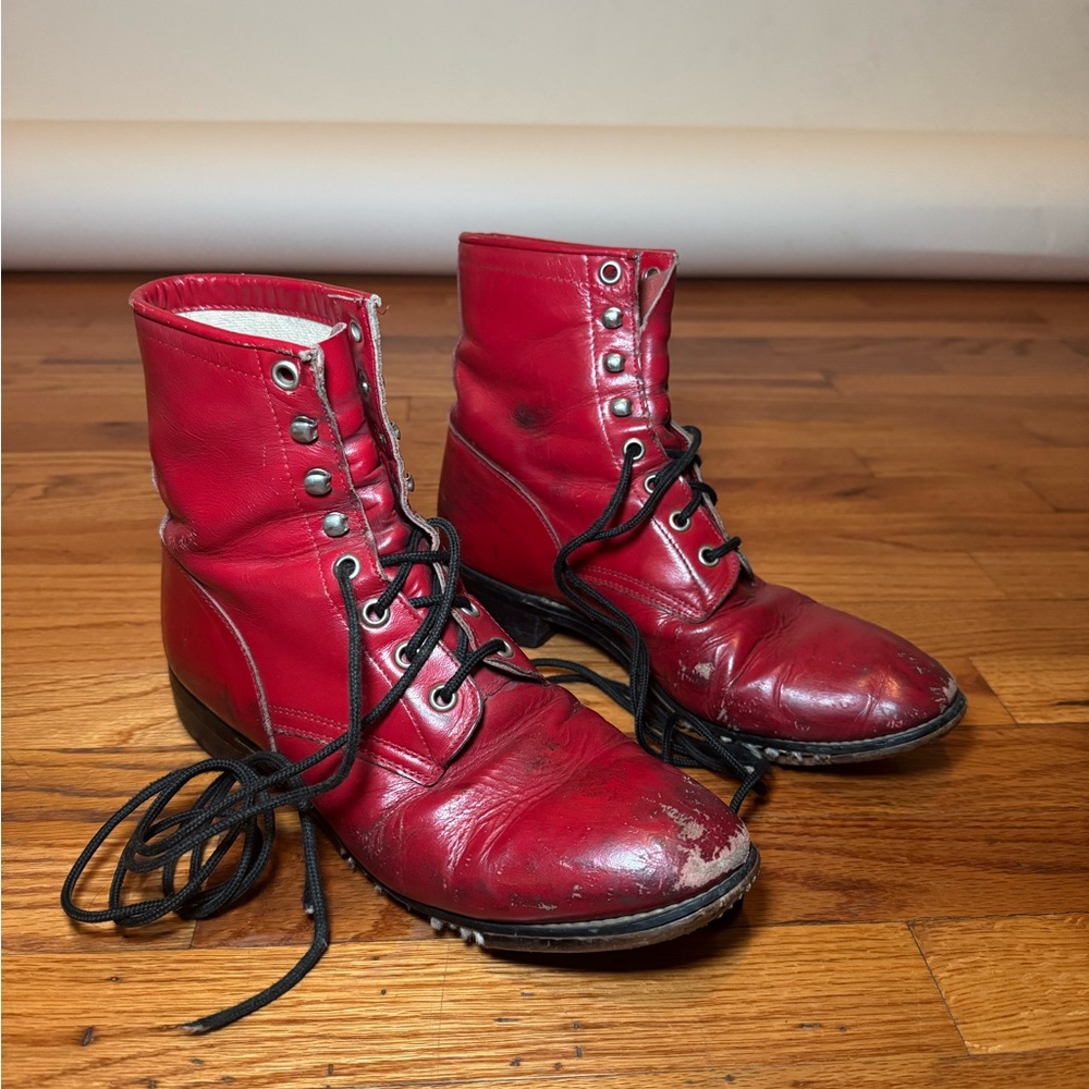 Red Leather Lace-Up Boots